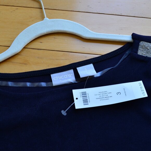 Chico's Chicos Trevelers Cut Out Shoulder Tunic 3/4 Sleeve Top Size 3 NWT XL - Picture 3 of 12